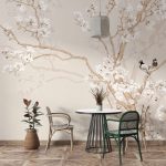 Chinoiserie Trees and Flowers Pastel Color Background Wall Mural Background Peel and Stick, Mural, Vintage Art, Home Design