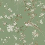 Ronald Redding 24 Karat Green Bird And Blossom Chinoserie Wallpaper