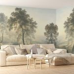 Sunny day in the hills Vintage landscape wallpaper Removable peel-and-stick Scenic painting mural, Village, trees Countryside decor wall art