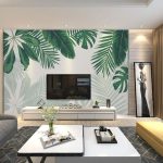 Watercolor Minimalist Green Leaves Leaf Wallpaper Wall Mural, Hanging Simple Tropical Leaves Leaf Wall Mural Wall Decor